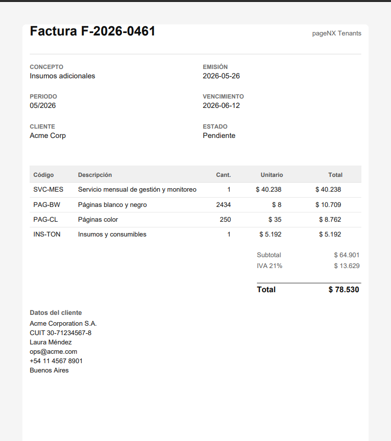 Detalle de factura PageNX con conceptos, IVA y datos del cliente
