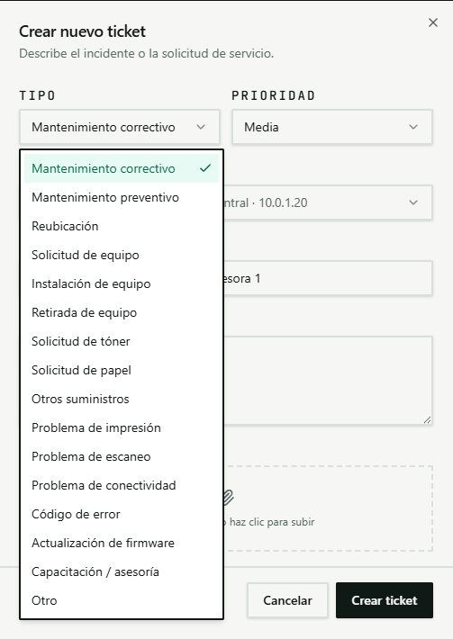 Formulario de creación de ticket con tipos de mantenimiento